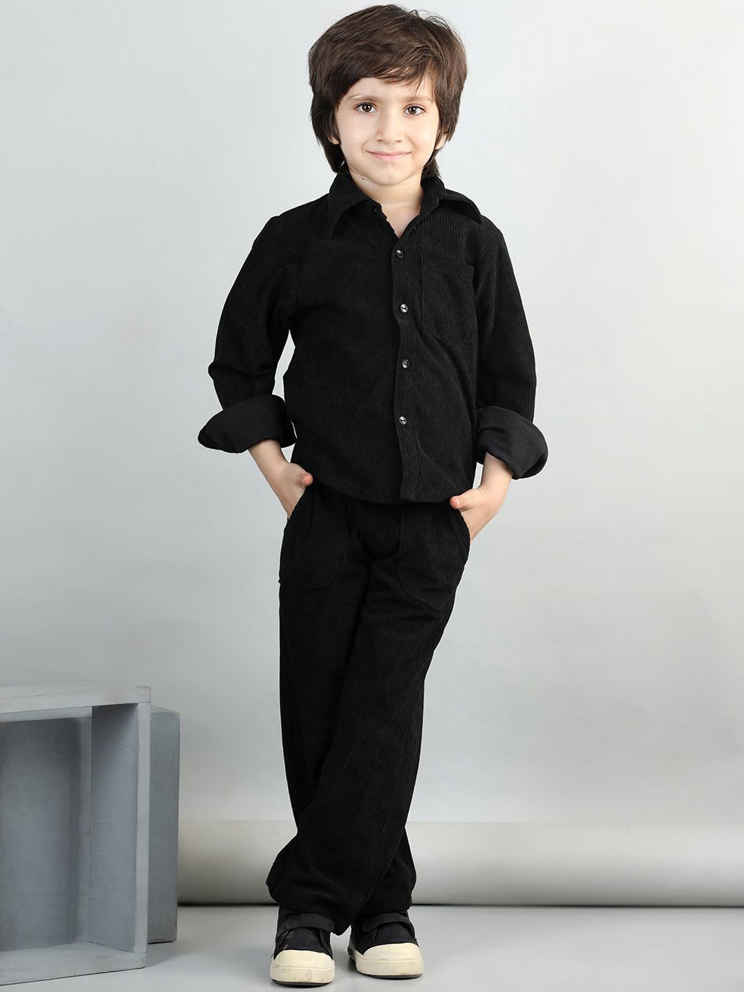 

AWW HUNNIE Boys Coudroy Cotton Shirt With Trousers, Black