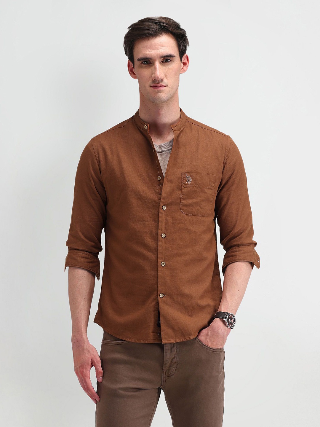 

U.S. Polo Assn. Men Modern Band Collar Solid Cotton Slim Fit Casual Shirt, Rust