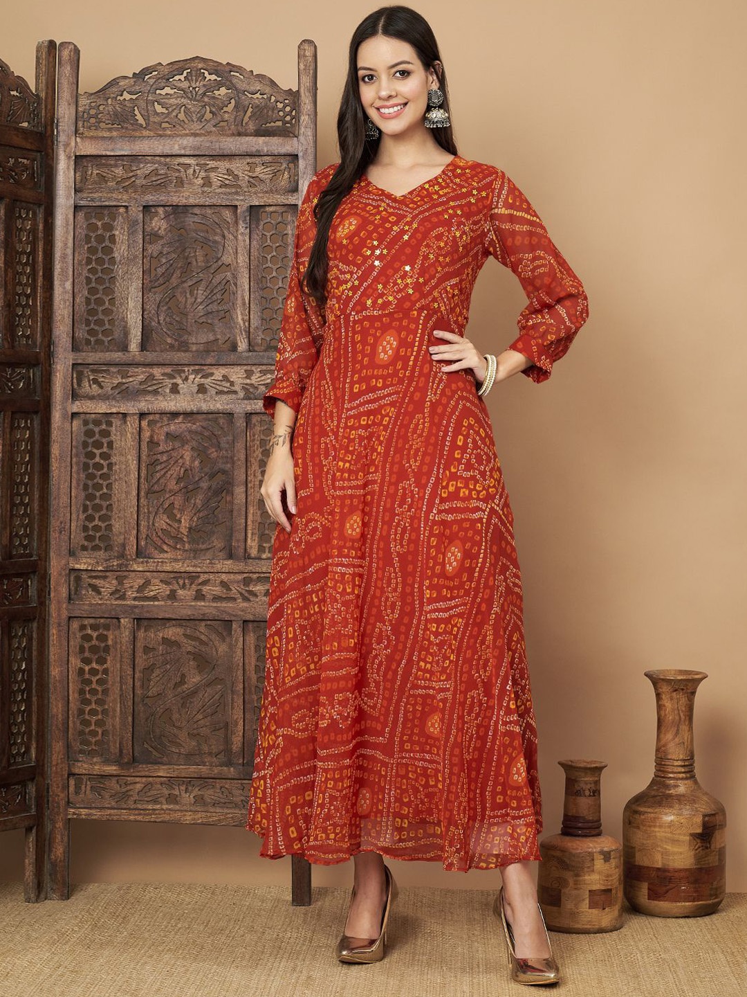 

BAESD Bandhani Printed Regular Silk Georgette Anarkali Kurta with Trousers, Red