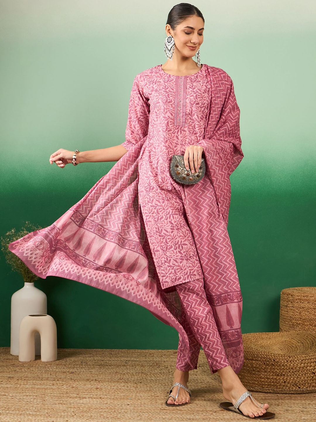 

Sangria Floral Printed Pure Cotton Straight Kurta With Trousers & Dupatta, Coral