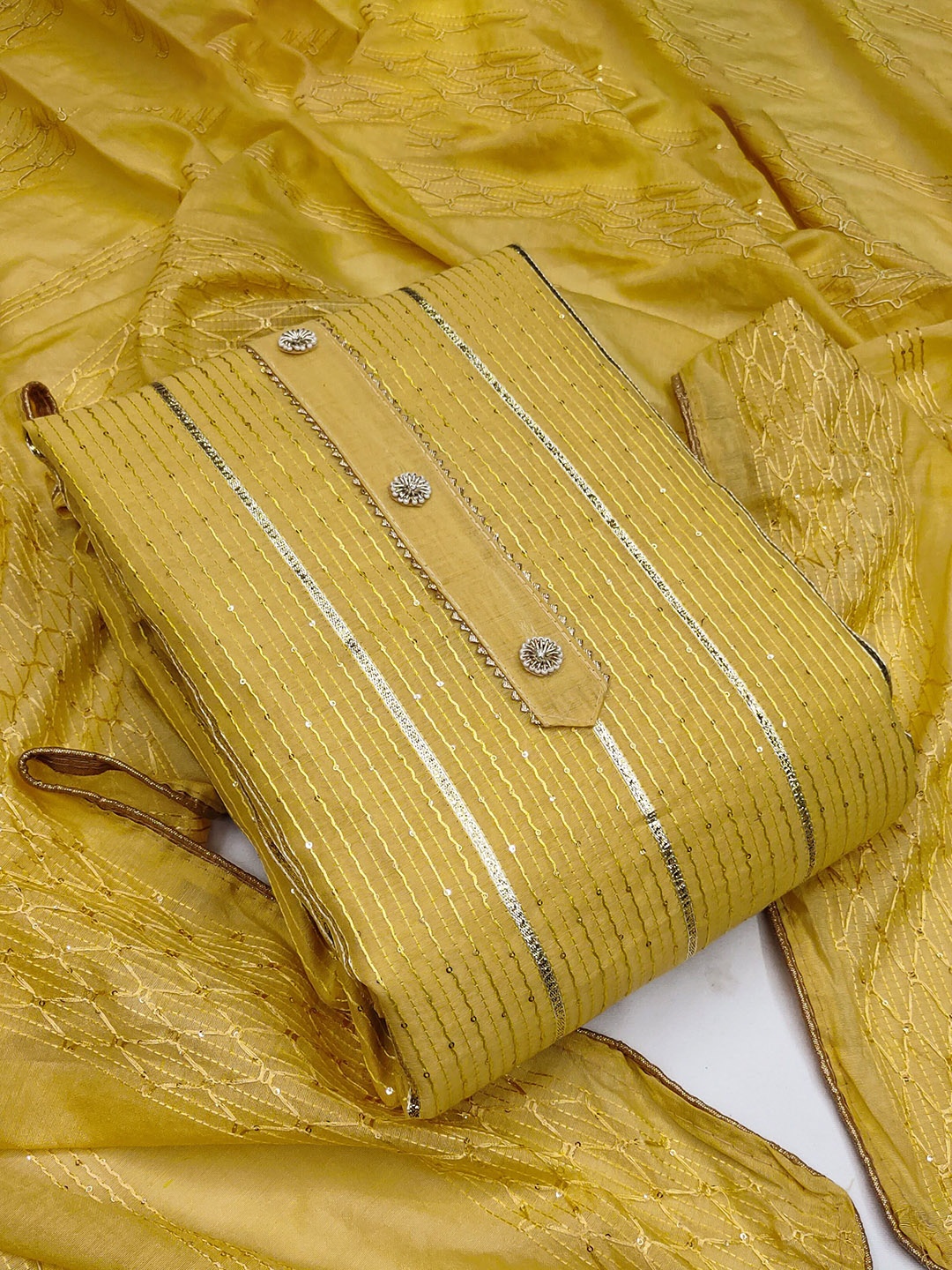 

Ishin Striped Embroidered Sequinned Unstitched Dress Material, Yellow