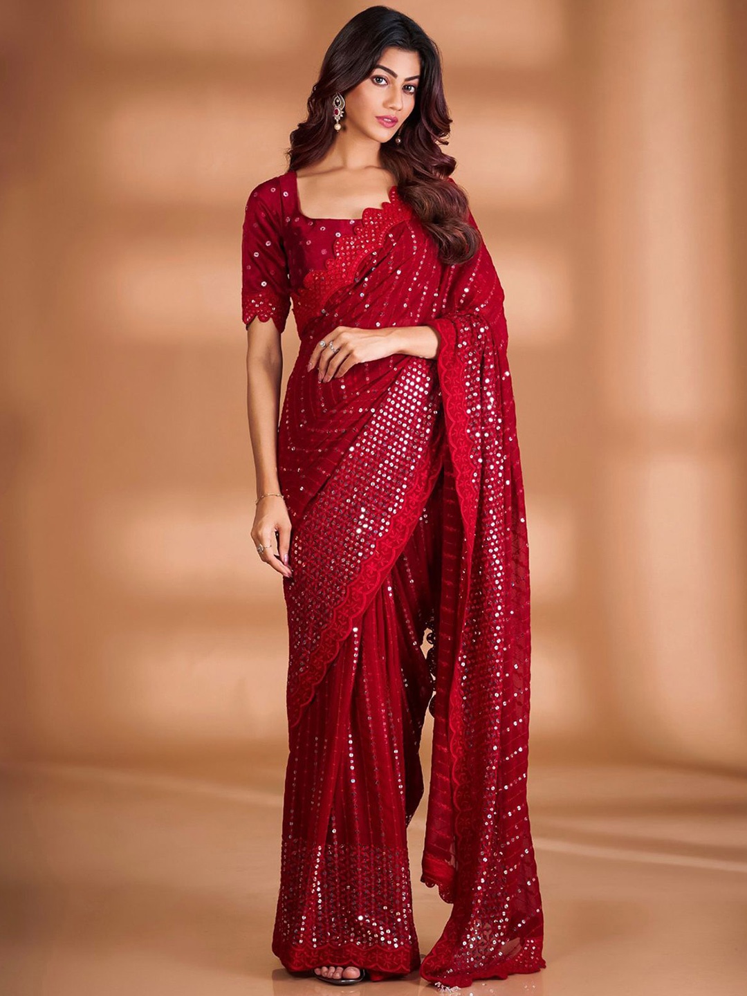 

ODETTE Striped Sequinned Poly Georgette Saree, Red