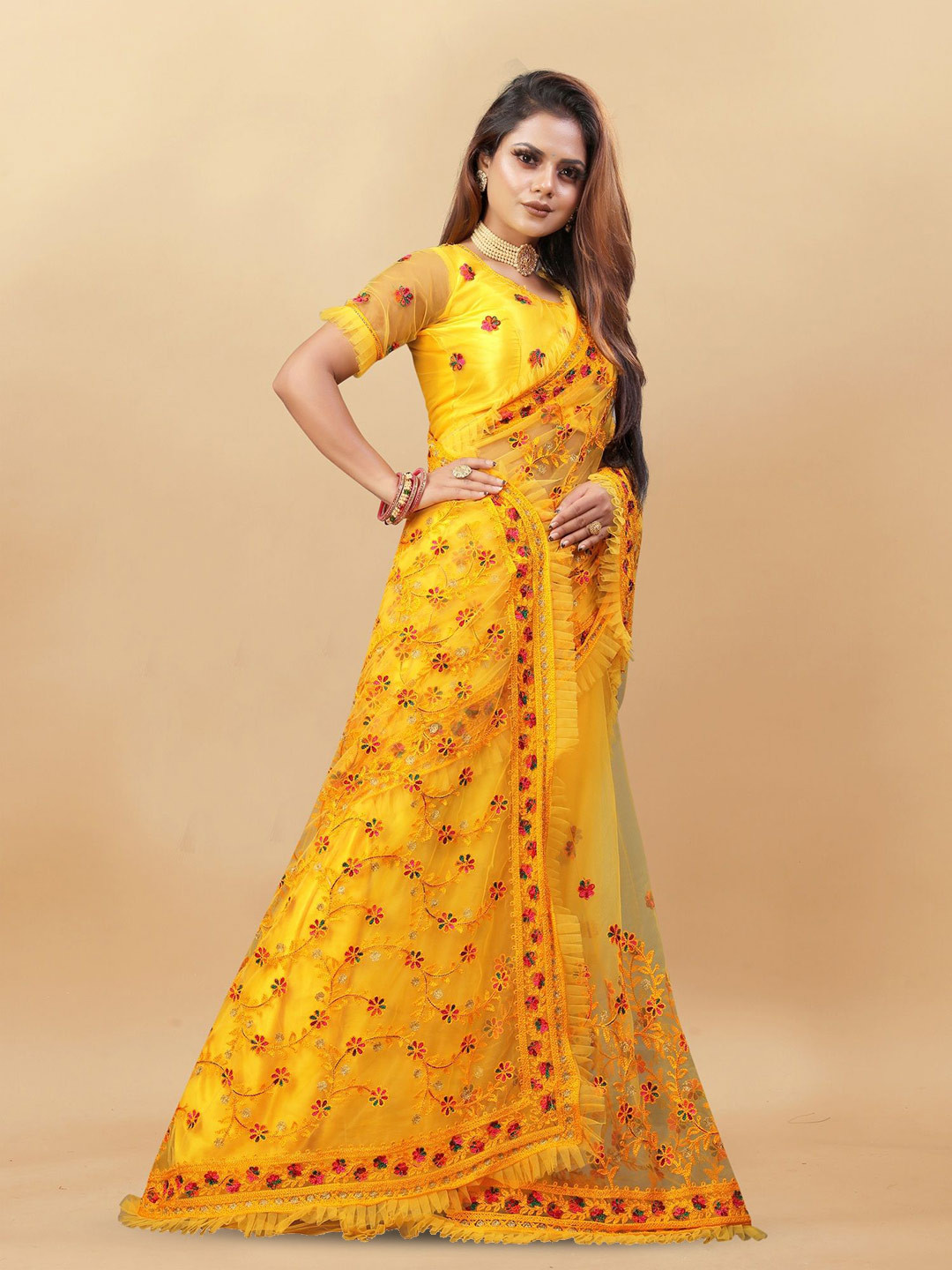

Aika Floral Embroidered Net Saree, Yellow