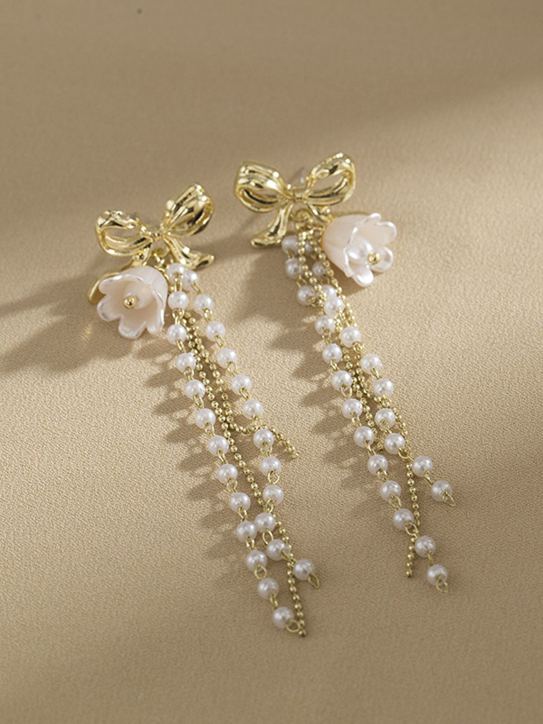 

KRENOZ Gold-Plated Bow & Faux Pearl Beaded Floral Drop Earrings