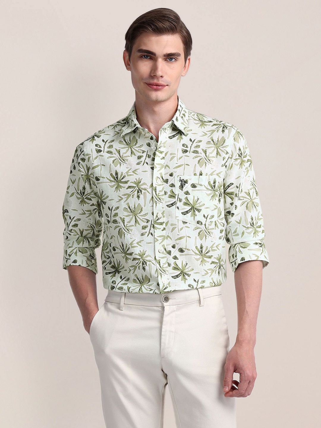 

U.S. Polo Assn. Men Modern Spread Collar Floral Printed Cotton Slim Fit Casual Shirt, Green