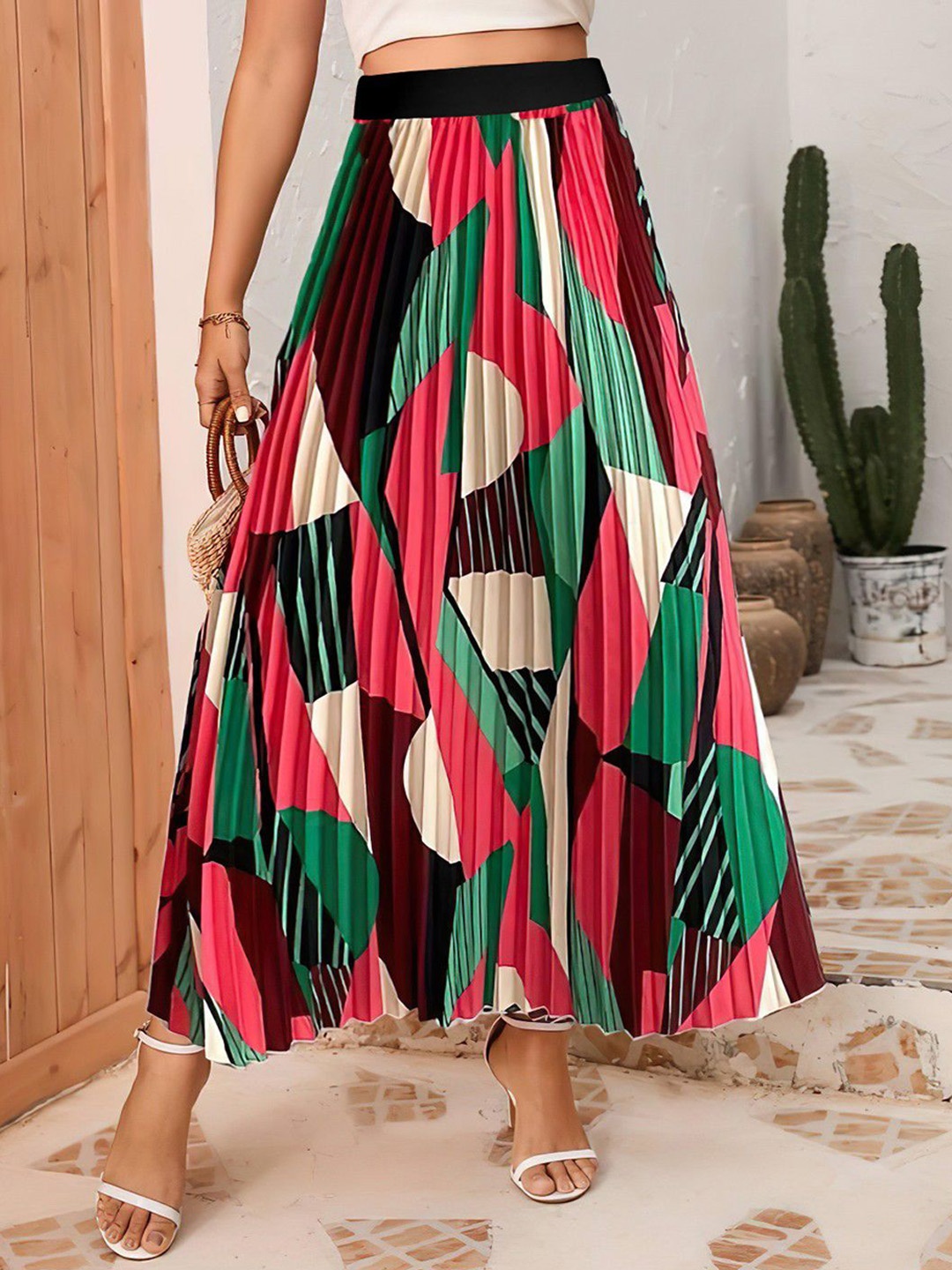 

Femvy Abstract Flared Maxi Skirt, Green