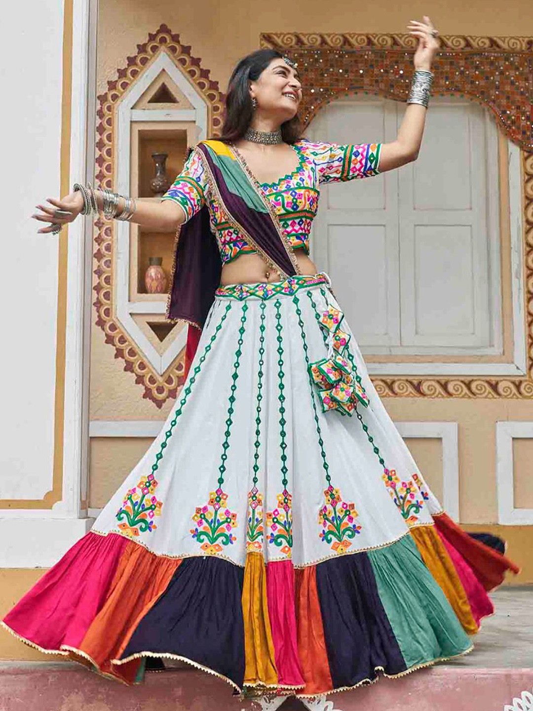 

ODETTE Embroidered Thread Work Ready to Wear Lehenga & Blouse With Dupatta, White