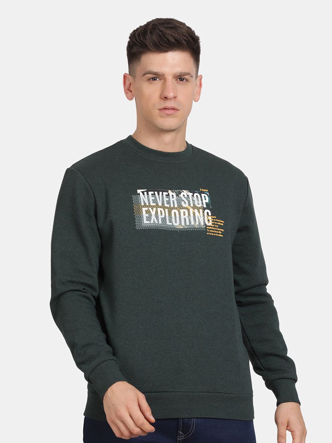 

t-base Men Typography Printed Sweatshirt, Olive