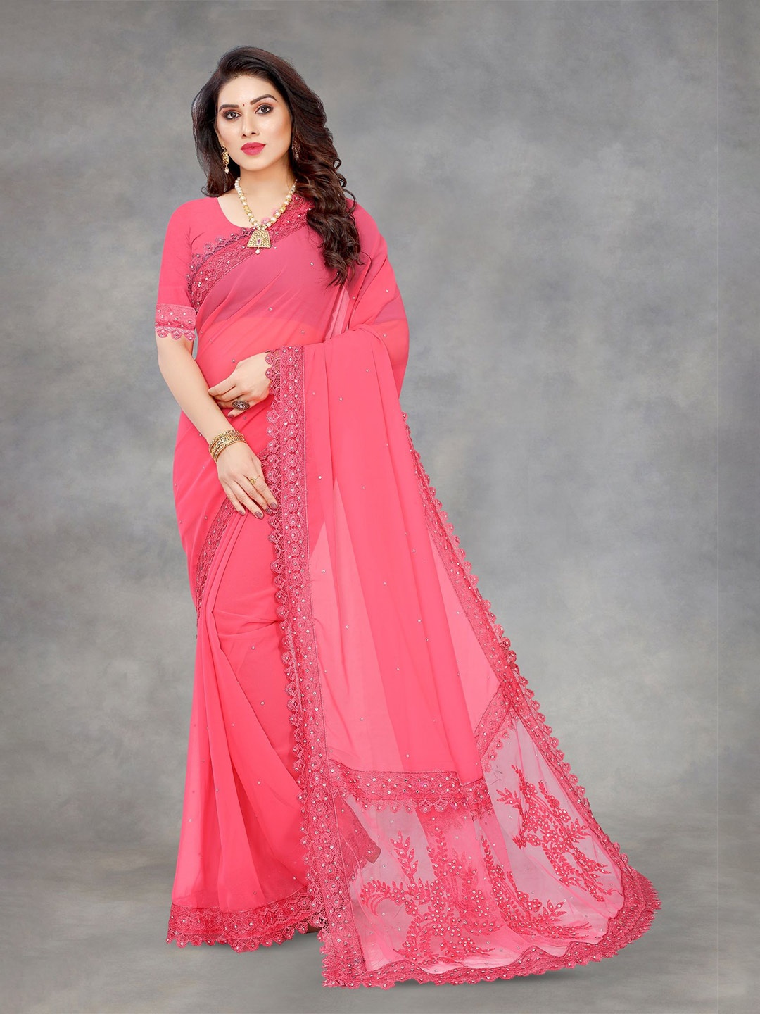 

Aika Ethnic Motifs Embroidered Pure Georgette Saree, Pink