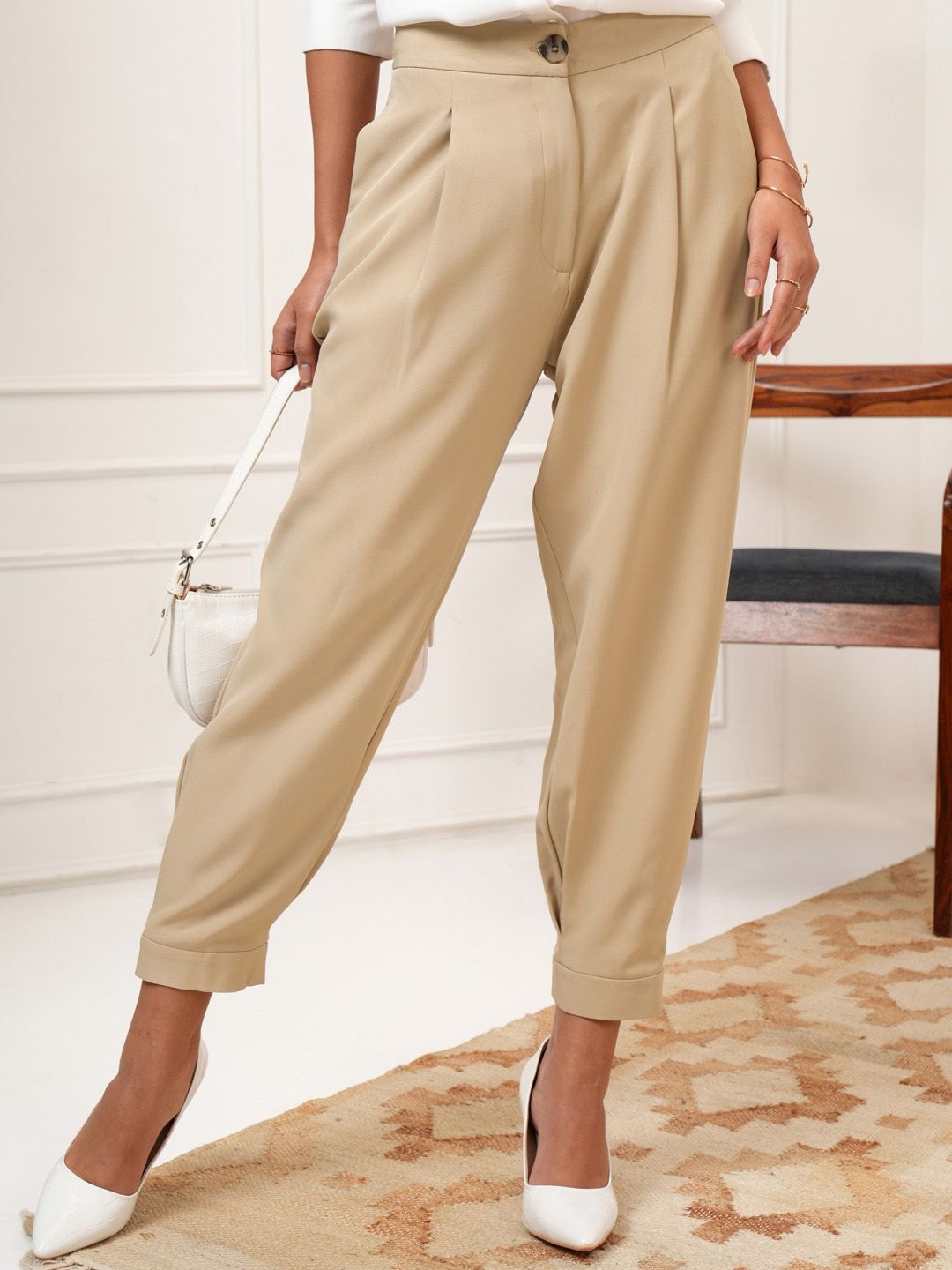 

Tokyo Talkies Women Pleated Joggers Trousers, Beige