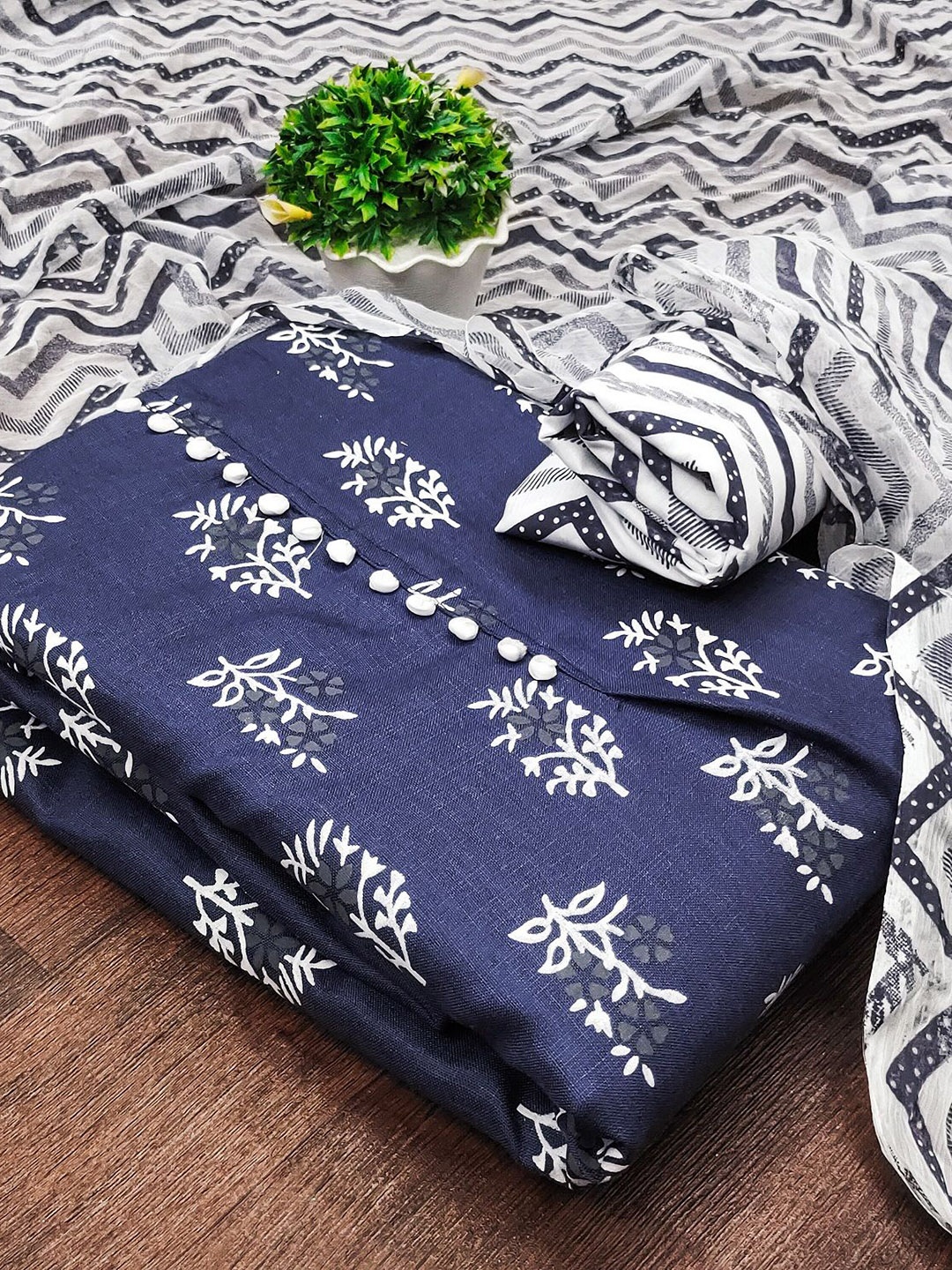 

APNISHA Ethnic Motifs Printed Unstitched Dress Material, Navy blue