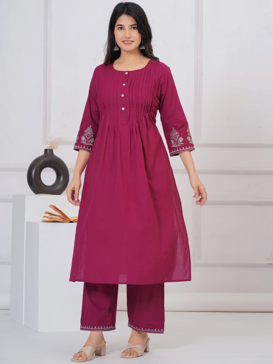 

KALINI Pleated Thread Work Pure Cotton Kurta with Trousers, Red