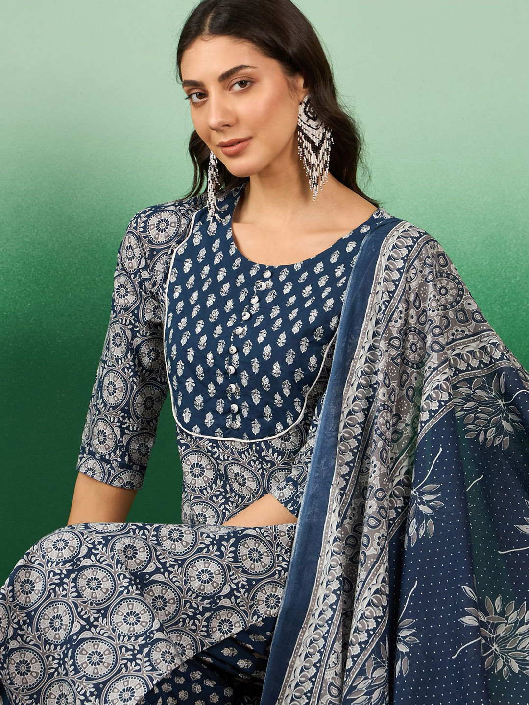 

Sangria Floral Printed Pure Cotton Straight Kurta With Trouser & Dupatta, Navy blue