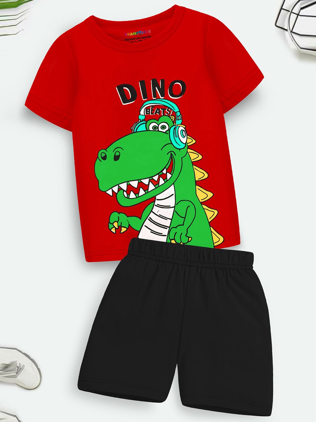 

YK X Trampoline Kids Printed Round Neck T-shirt With Shorts, Red