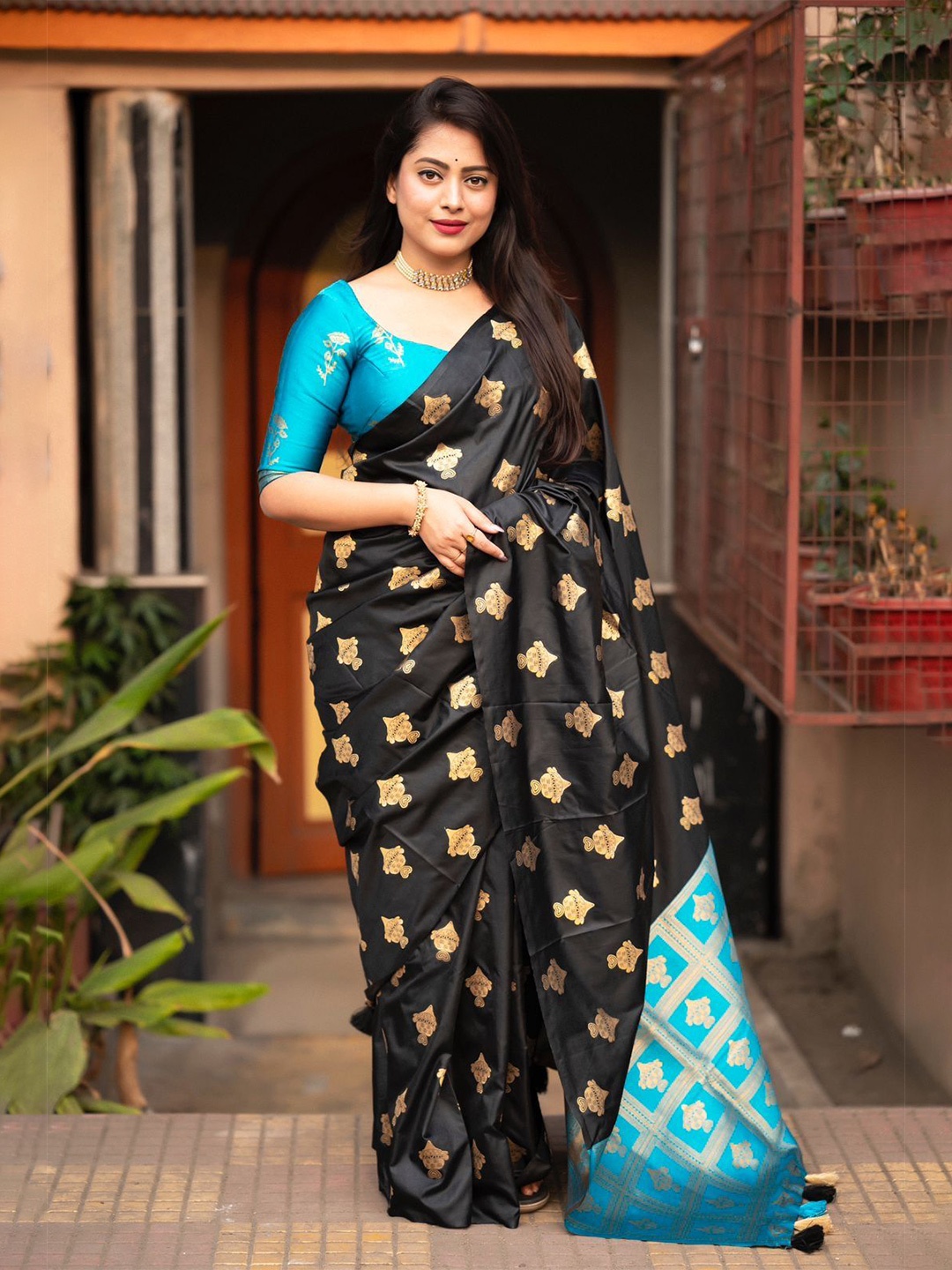 

QENY Woven Design Zari Banarasi Saree, Black