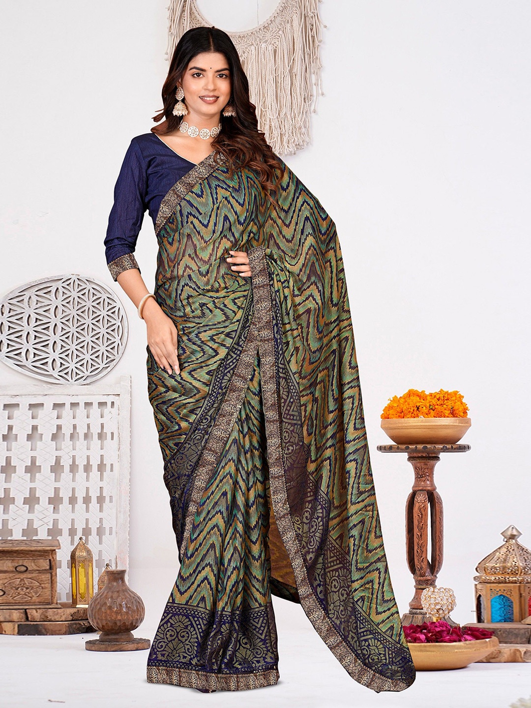 

EMV Printed Zari Pure Chiffon Saree, Navy blue