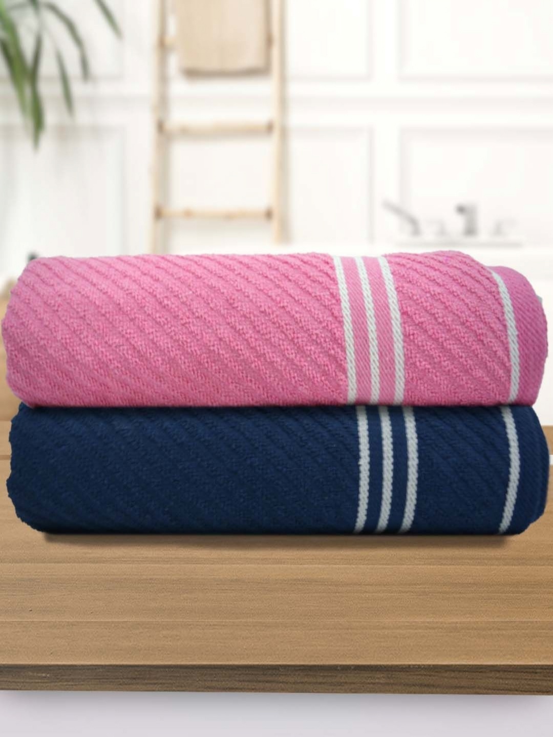 

Aura Athom Living Pink & Navy Blue 2 Pieces Striped 400 GSM Bath Towel