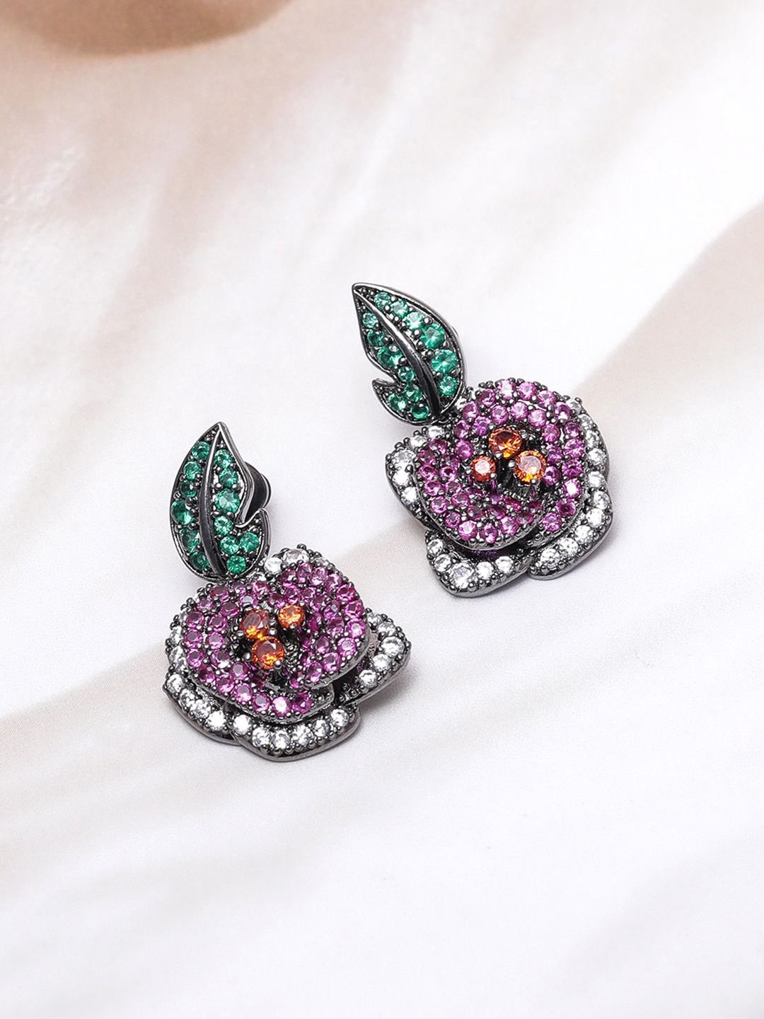 

Rubans Rhodium-Plated Emerald, Ruby Pink & Orange CZ Studded Floral Drop EarringS, Silver