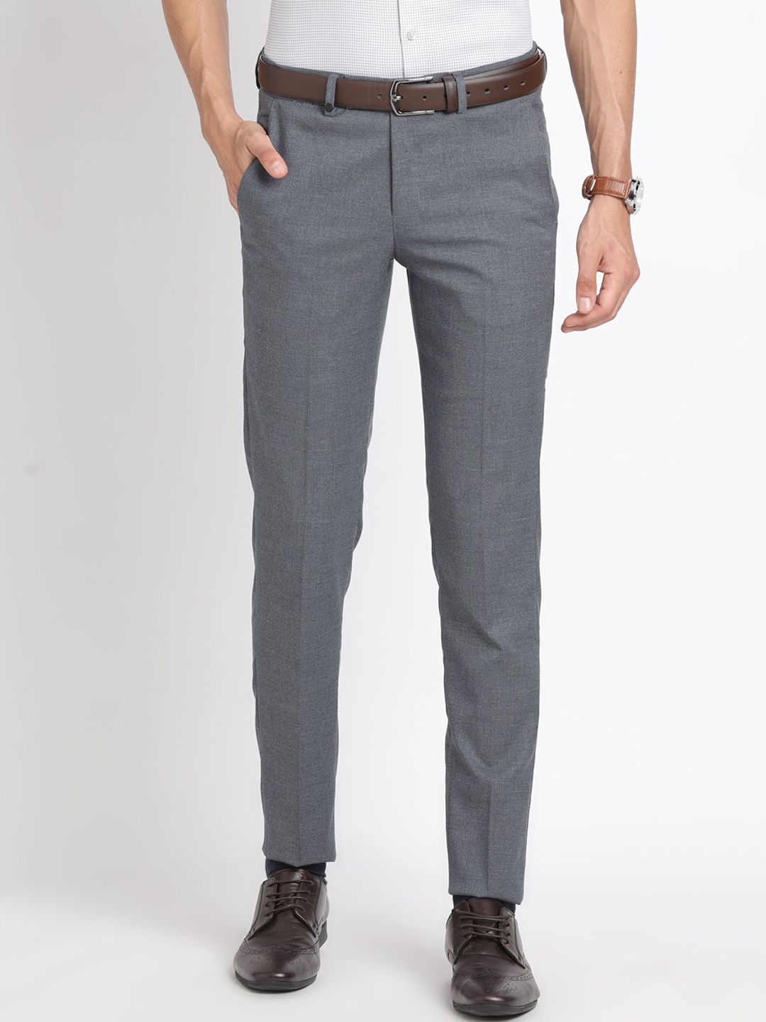 

Turtle Men Textured Tailored Skinny Fit Trousers, Grey