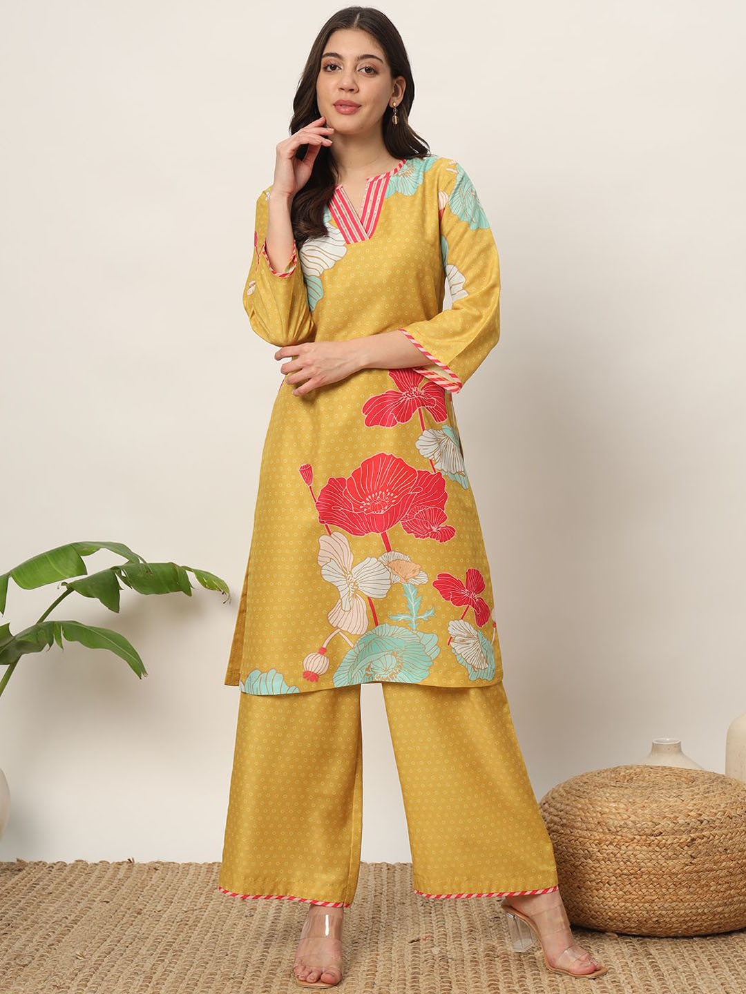 

FIORRA Floral Printed Notched Neck Straight Kurta With Palazzos, Yellow