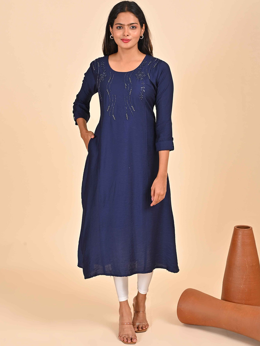 

GOLDSTROMS Geometric Embroidered Sequinned Anarkali Kurta, Navy blue