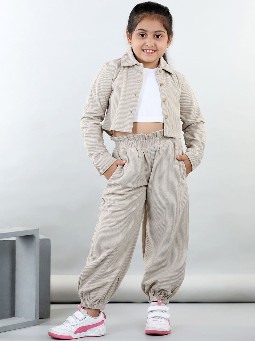 

AWW HUNNIE Girls Pure Cotton Top With Corduroy Collar Shirt & Corduroy Joggers, Beige