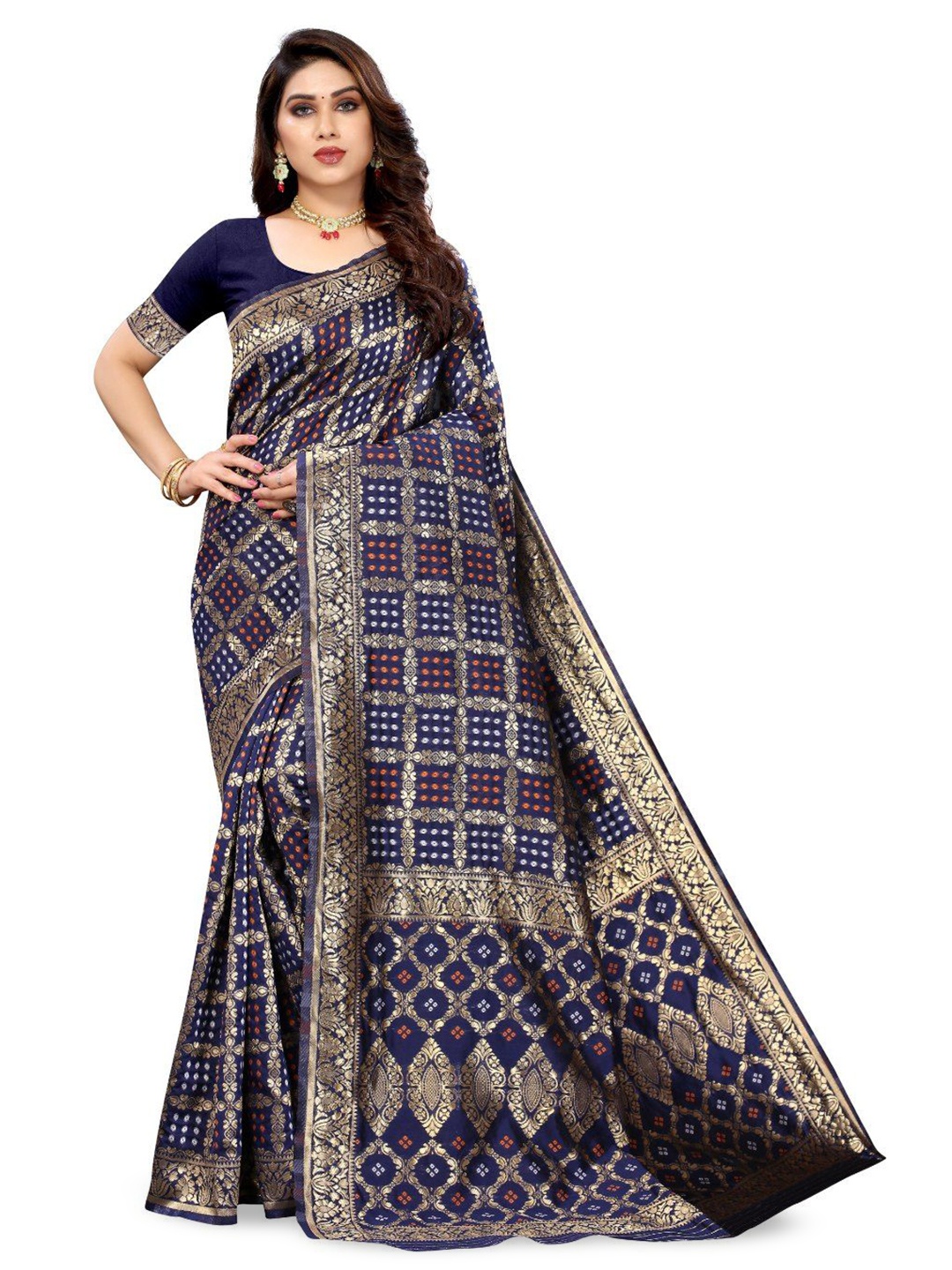 

Tulip Eden Woven Design Zari Bandhani Saree, Navy blue