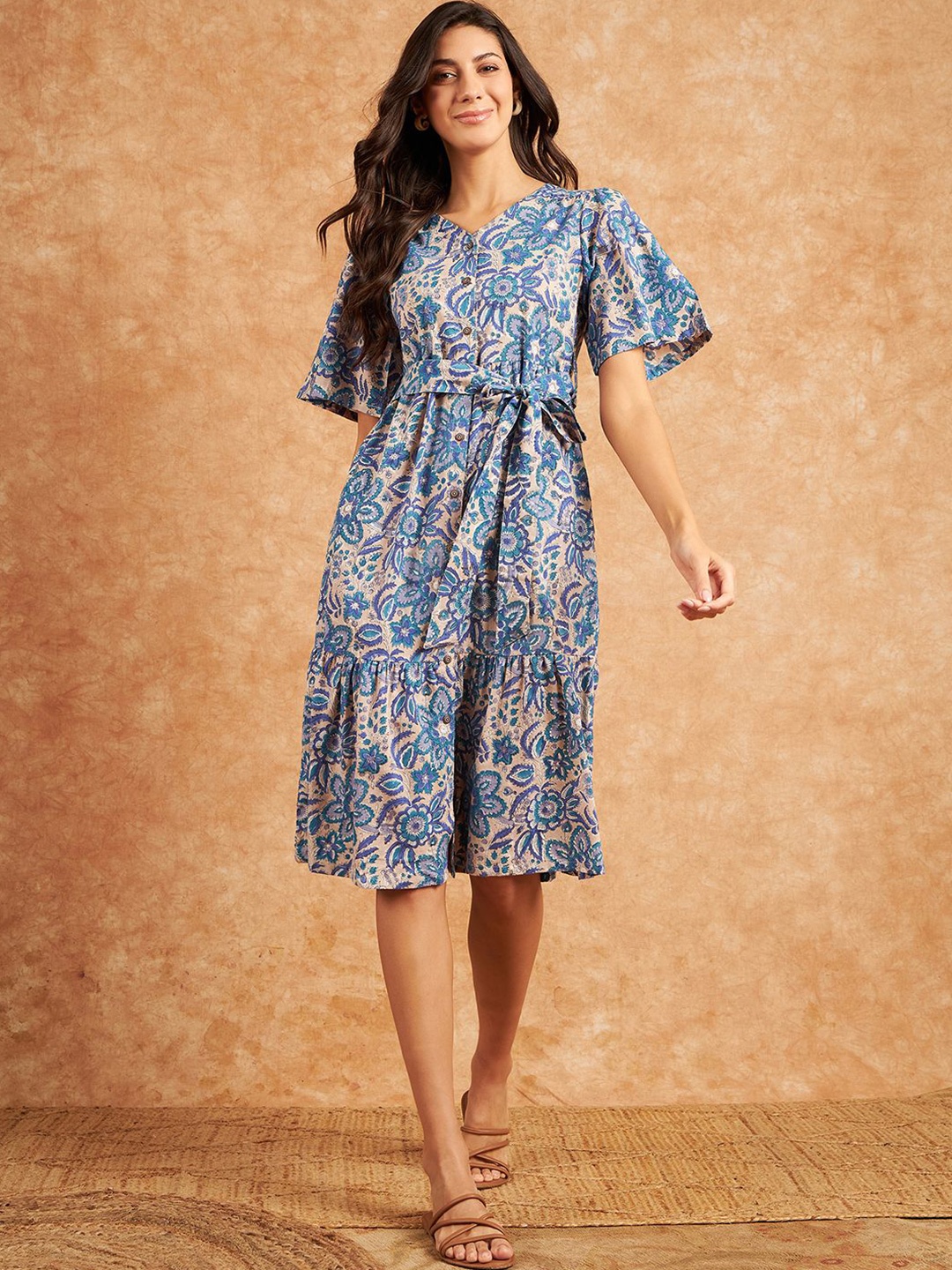 

Modeve Women Floral Printed Flared Sleeve A-Line Dress, Blue