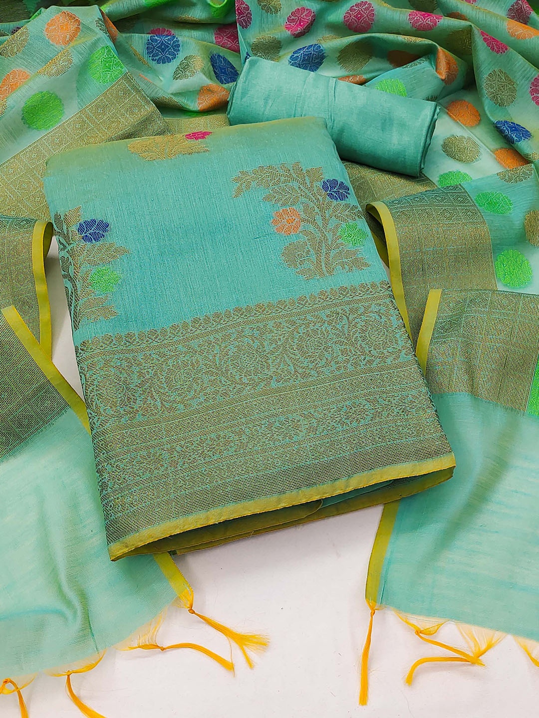 

KIMISHA Floral Woven Design Zari Unstitched Dress Material, Green