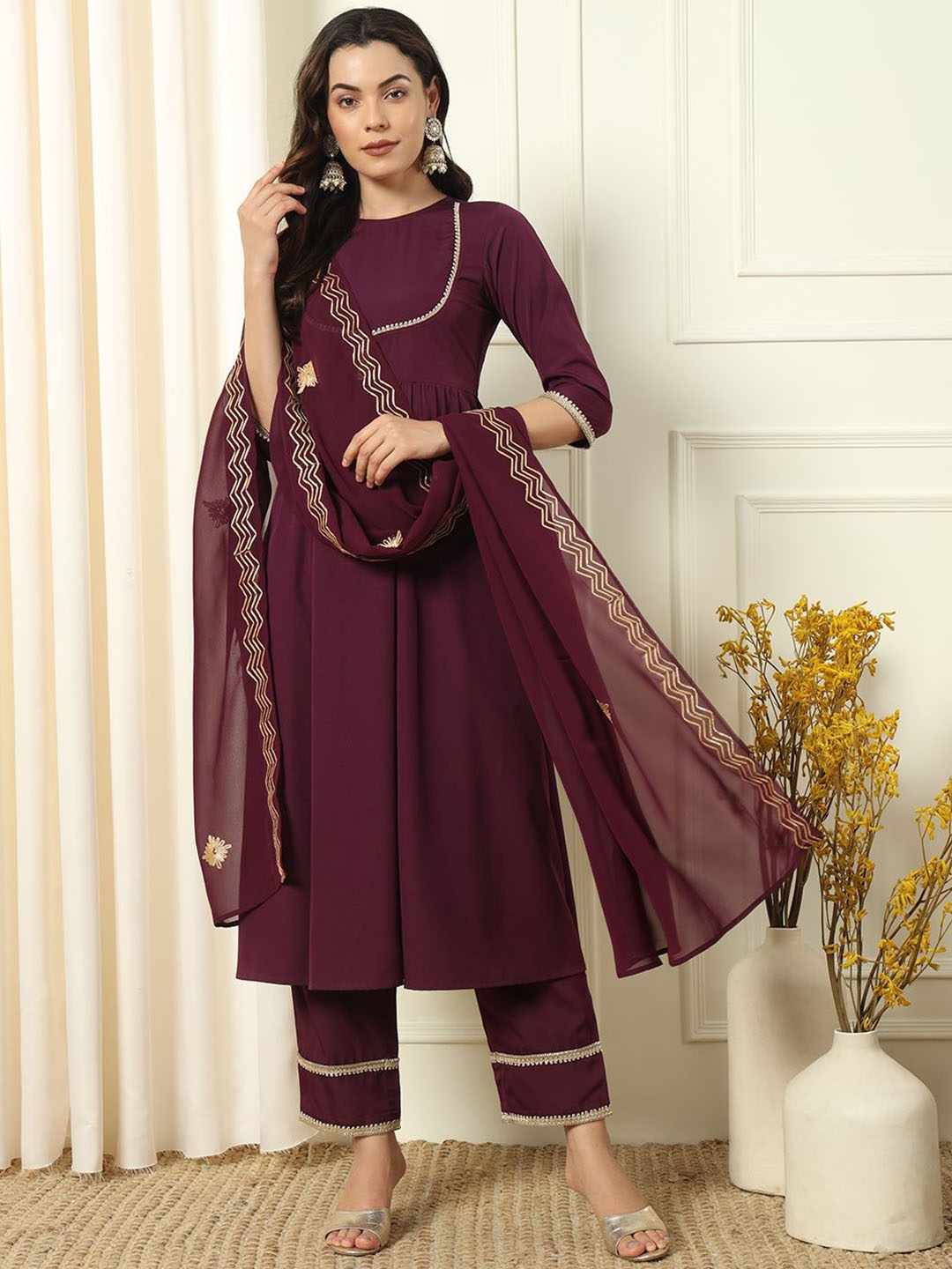 

FIORRA Gotta Patti Round Neck A-Line Kurta With Trousers & Dupatta, Purple