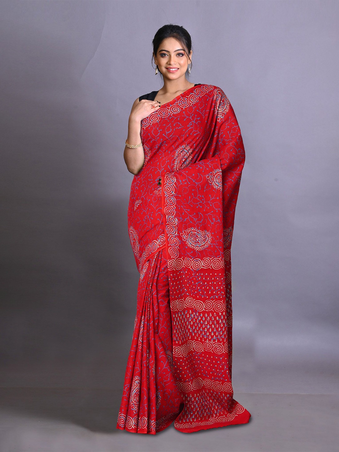 

Unnati Silks Paisley Printed Pure Cotton Handloom Block Print Saree, Red