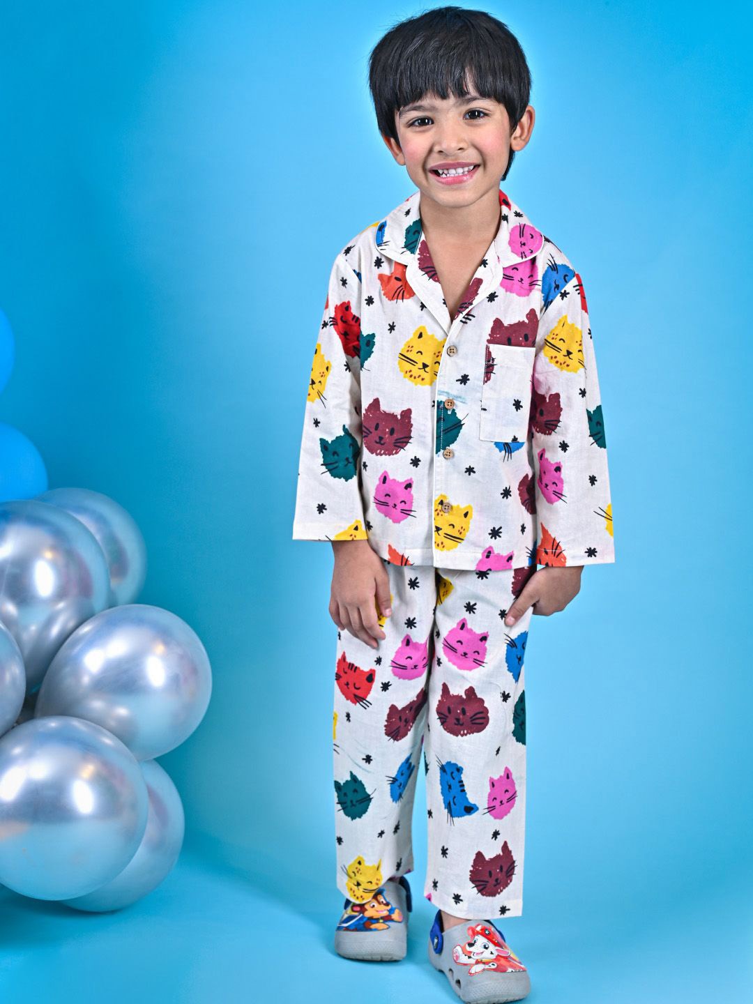 

MOOBA Boys Printed Pure Cotton Night suit, White