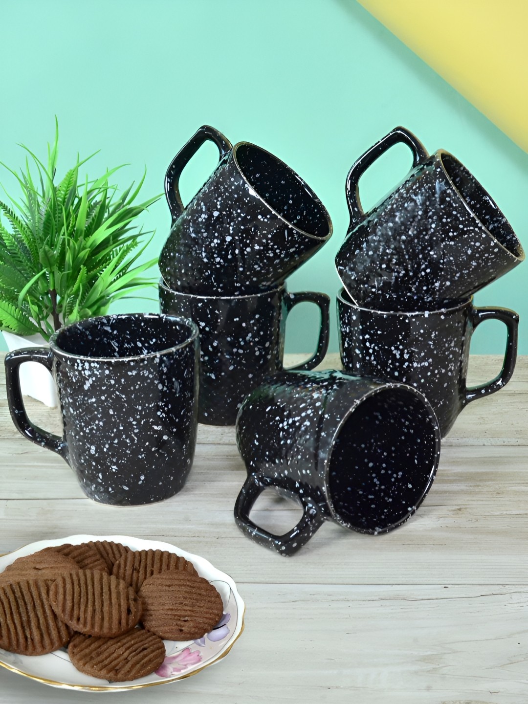 

FABINALIV Set of 6 Black & White Handcrafted Ceramics Glossy Mugs