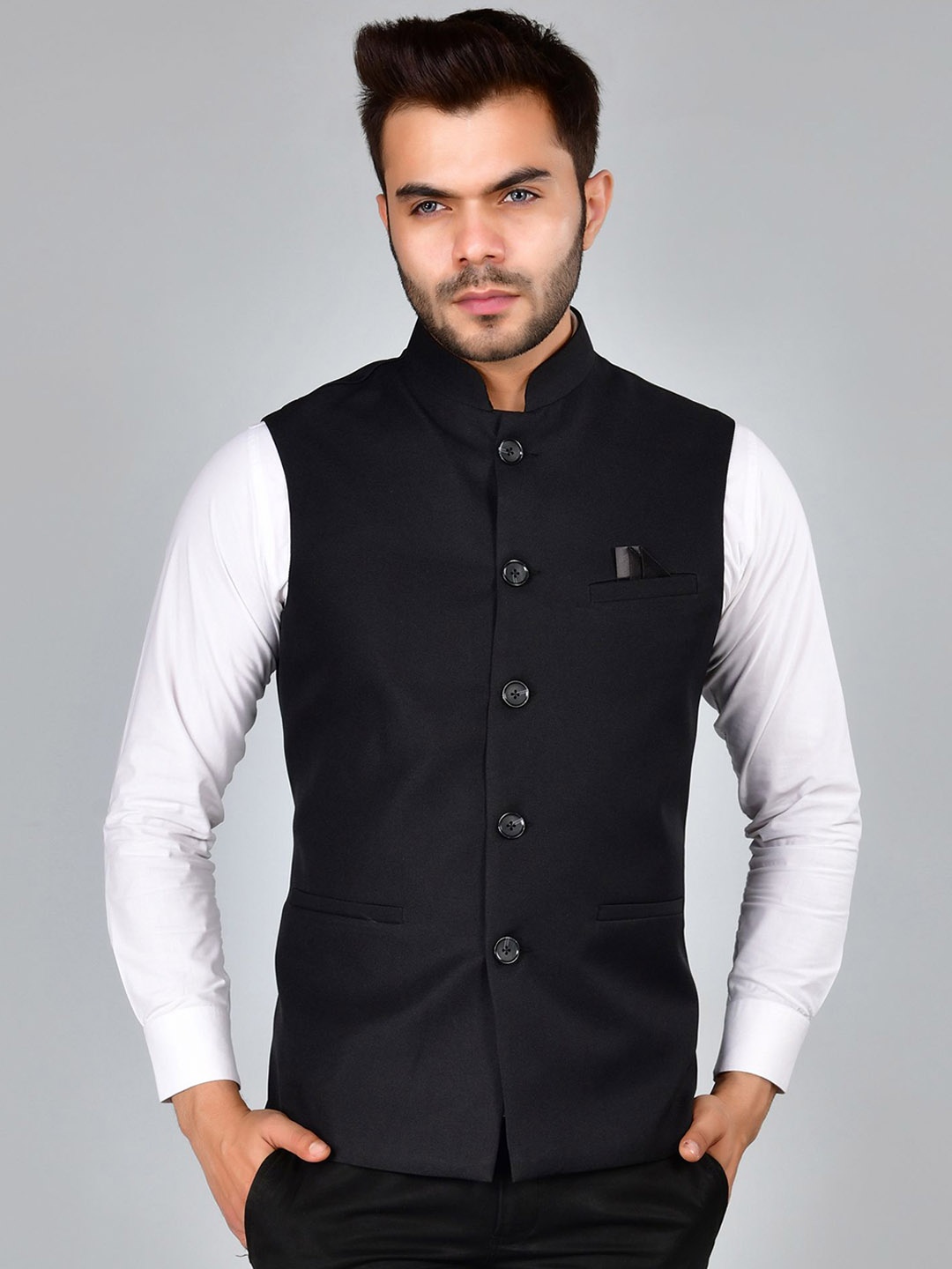 

LA'SCOOT Mandarin Collar Woven Nehru Jacket, Black