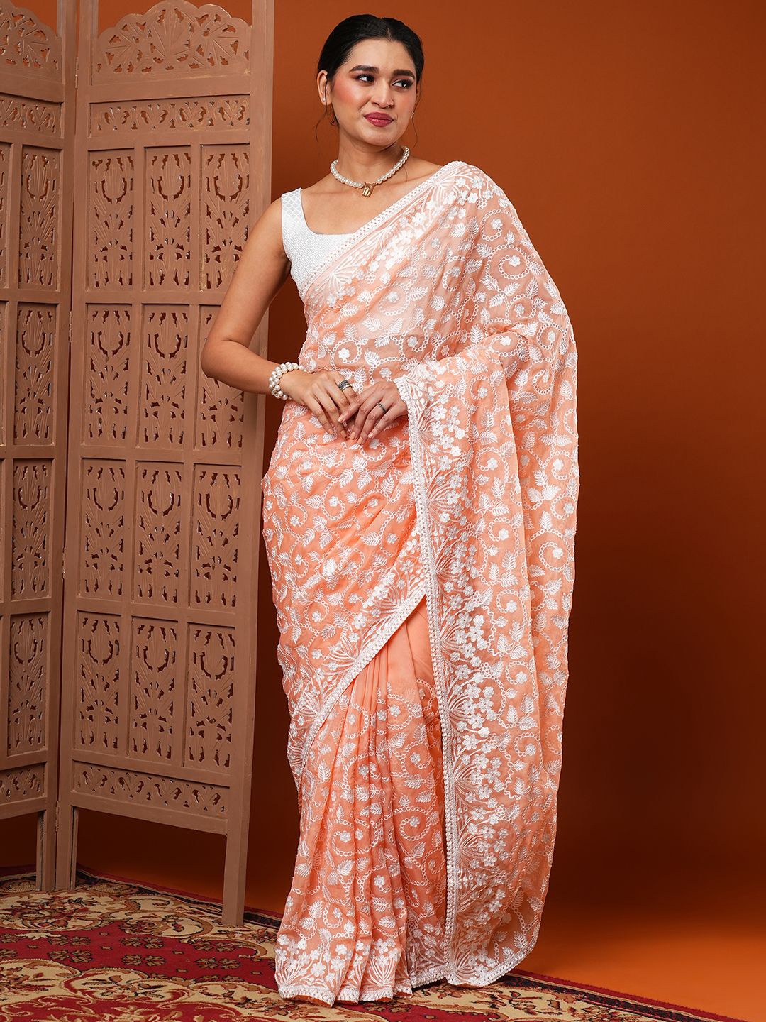 

KALINI Floral Embroidered Organza Saree, Peach