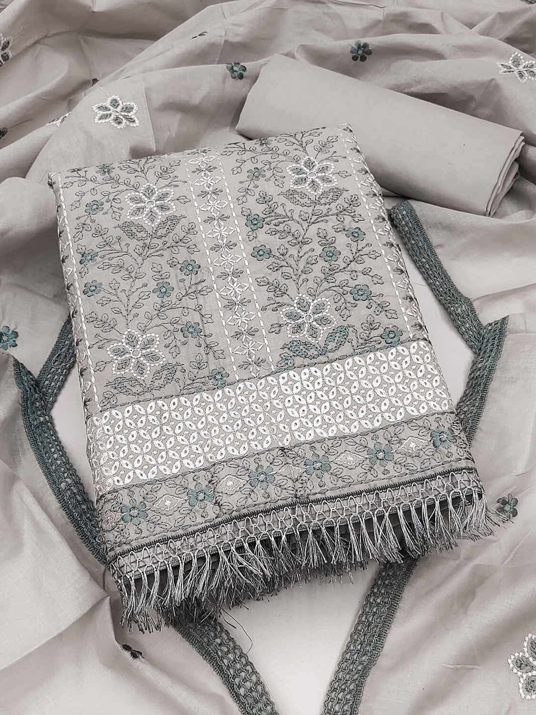 

Ishin Floral Embroidered Zari Work Pure Cotton Unstitched Dress Material, Grey