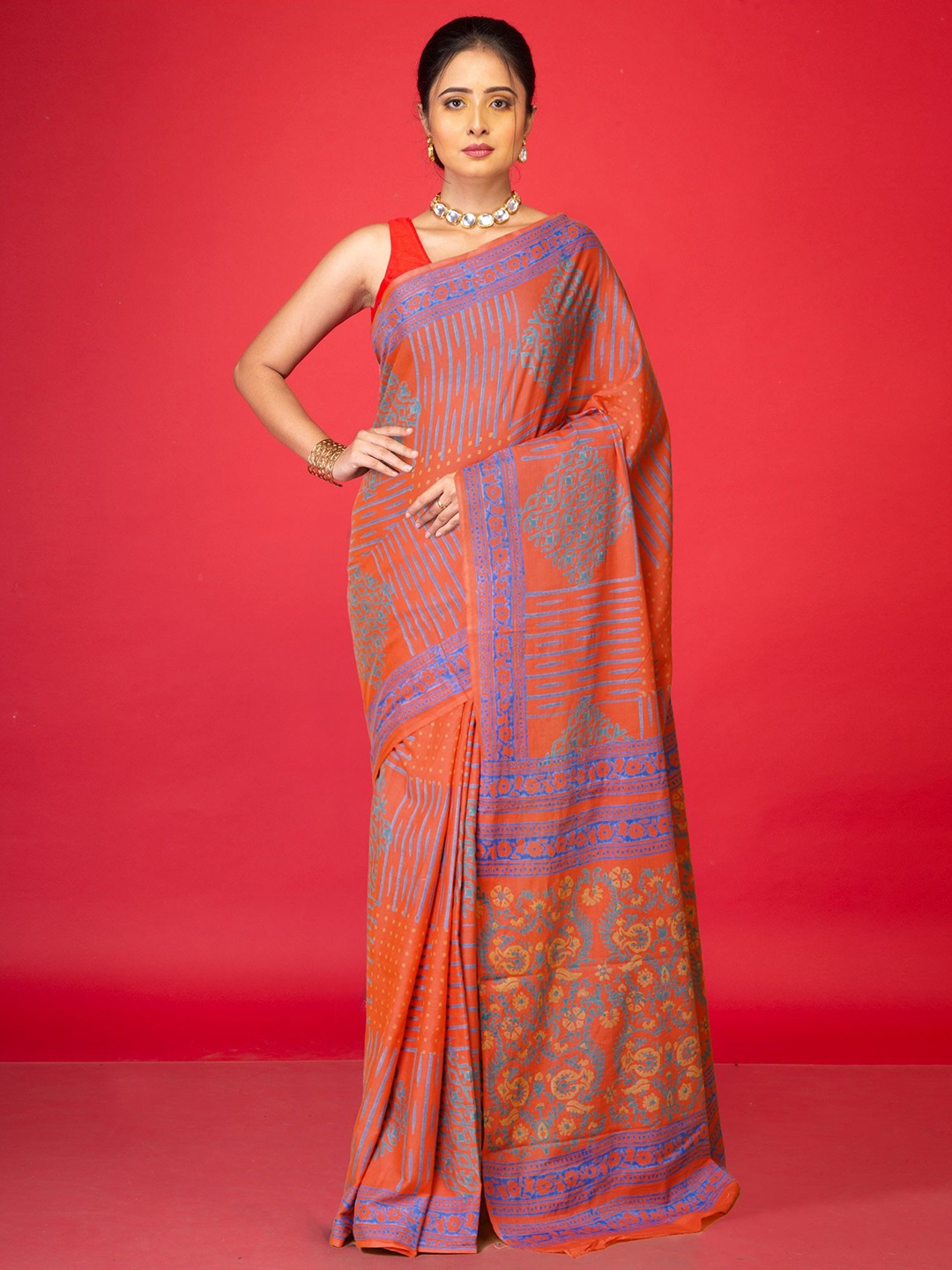 

Unnati Silks Ethnic Motifs Pure Cotton Handloom Block Print Saree, Peach