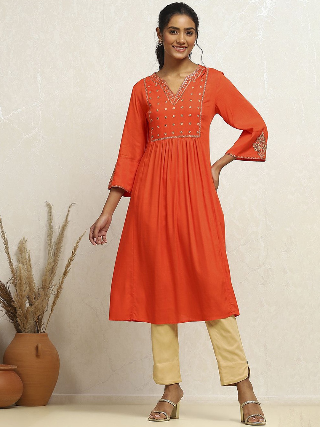 

Biba Floral Embroidered Flared Sleeves A-Line Kurta, Orange