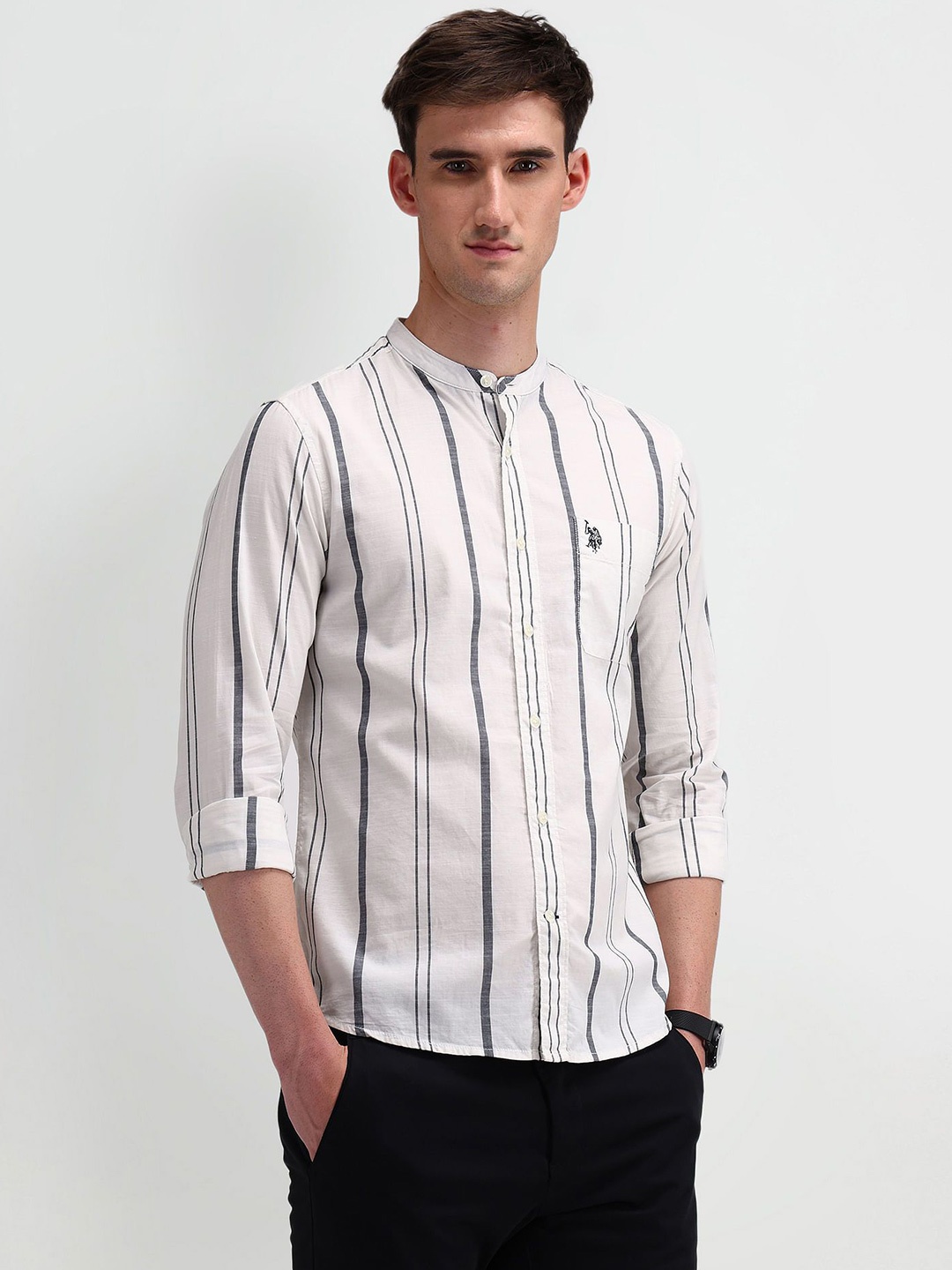 

U.S. Polo Assn. Men Modern Band Collar Striped Cotton Slim Fit Casual Shirt, White