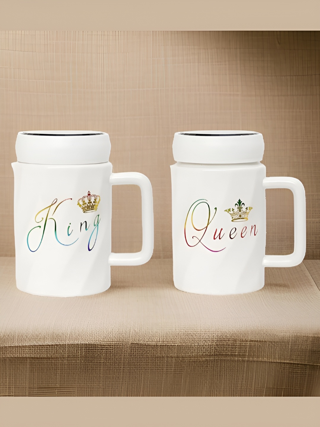 

INTERNATIONAL GIFT 2 Pieces White Printed Ceramic Matte Coffee Mug