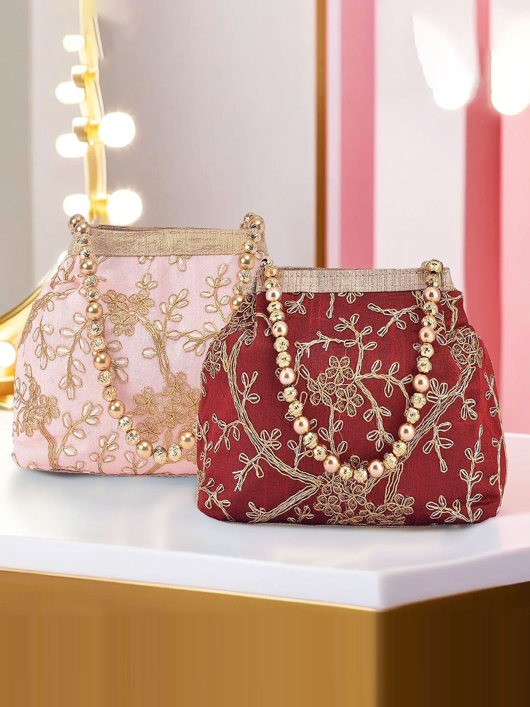 

Kuber Industries Set of 2 Embroidered Potli Clutch, Peach