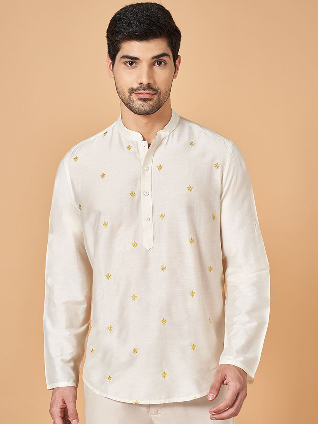 

indus route by Pantaloons Ethnic Motifs Printed Thread Work Cotton Straight Kurta, White