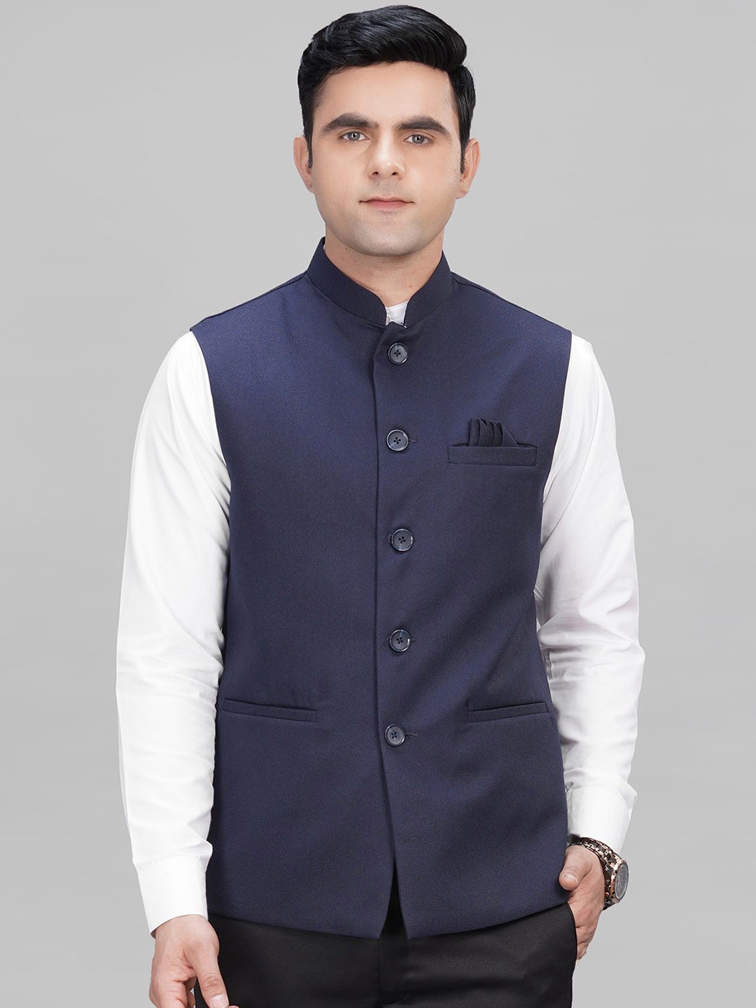 

LA'SCOOT Mandarin Collar Nehru Jacket, Navy blue