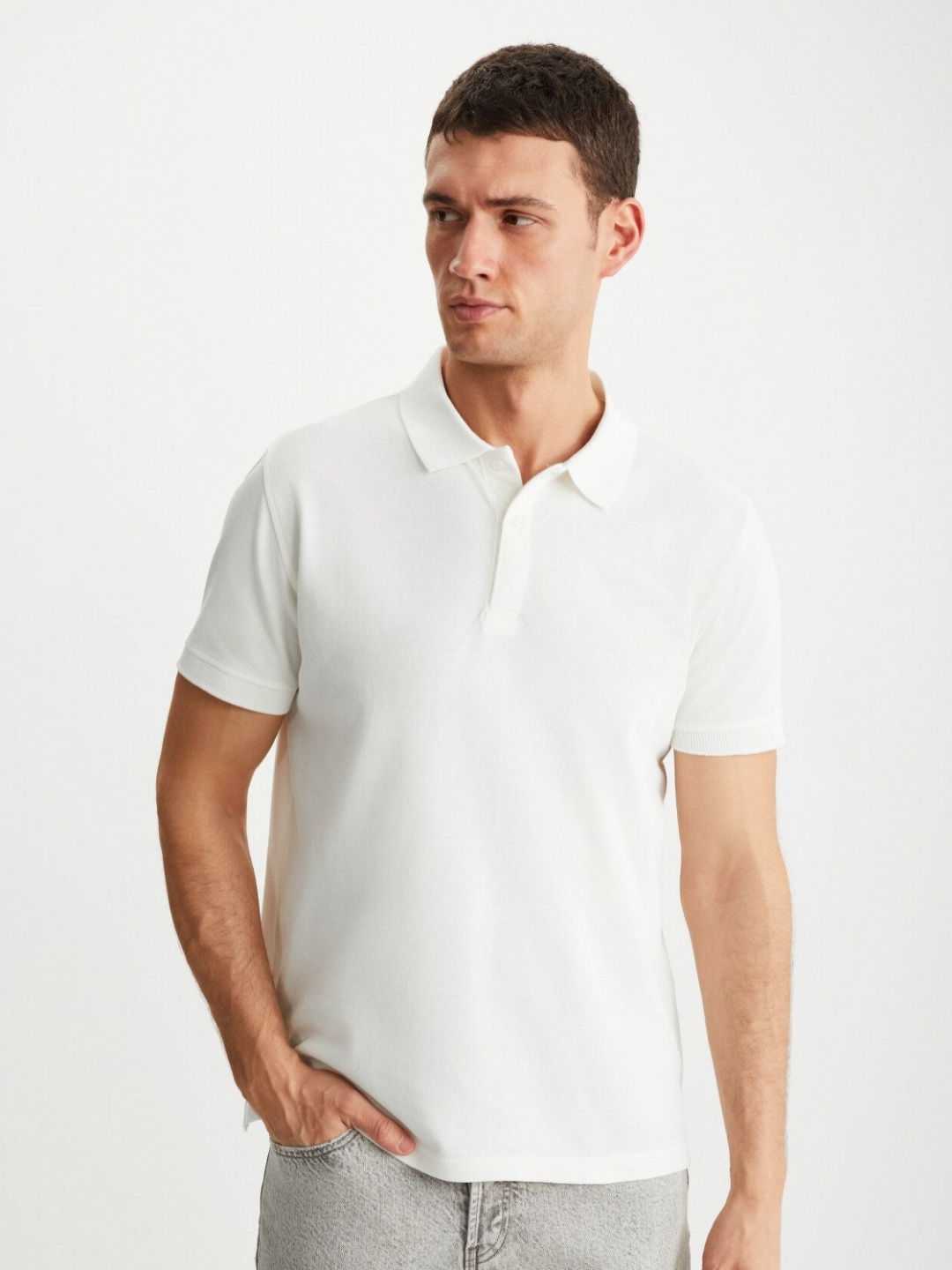 

GRIMELANGE Men Solid Polo Collar Cotton T-Shirt, Off white