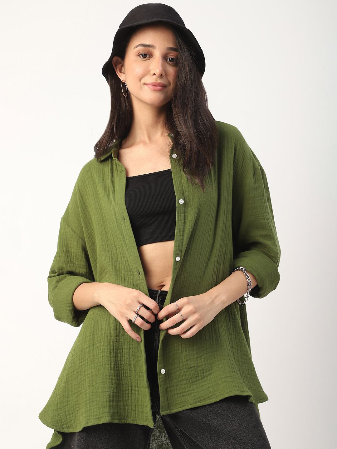 

VASTRADO Women Classic Cutaway Collar Solid Cotton Oversized Casual Shirt, Olive