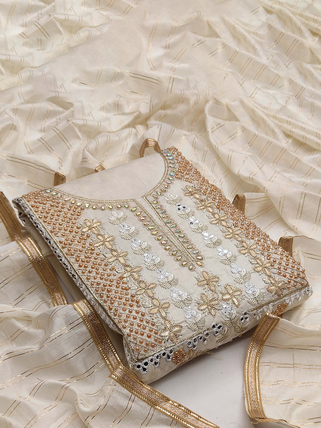 

Ishin Floral Embroidered Beads and Stones Unstitched Dress Material, Beige