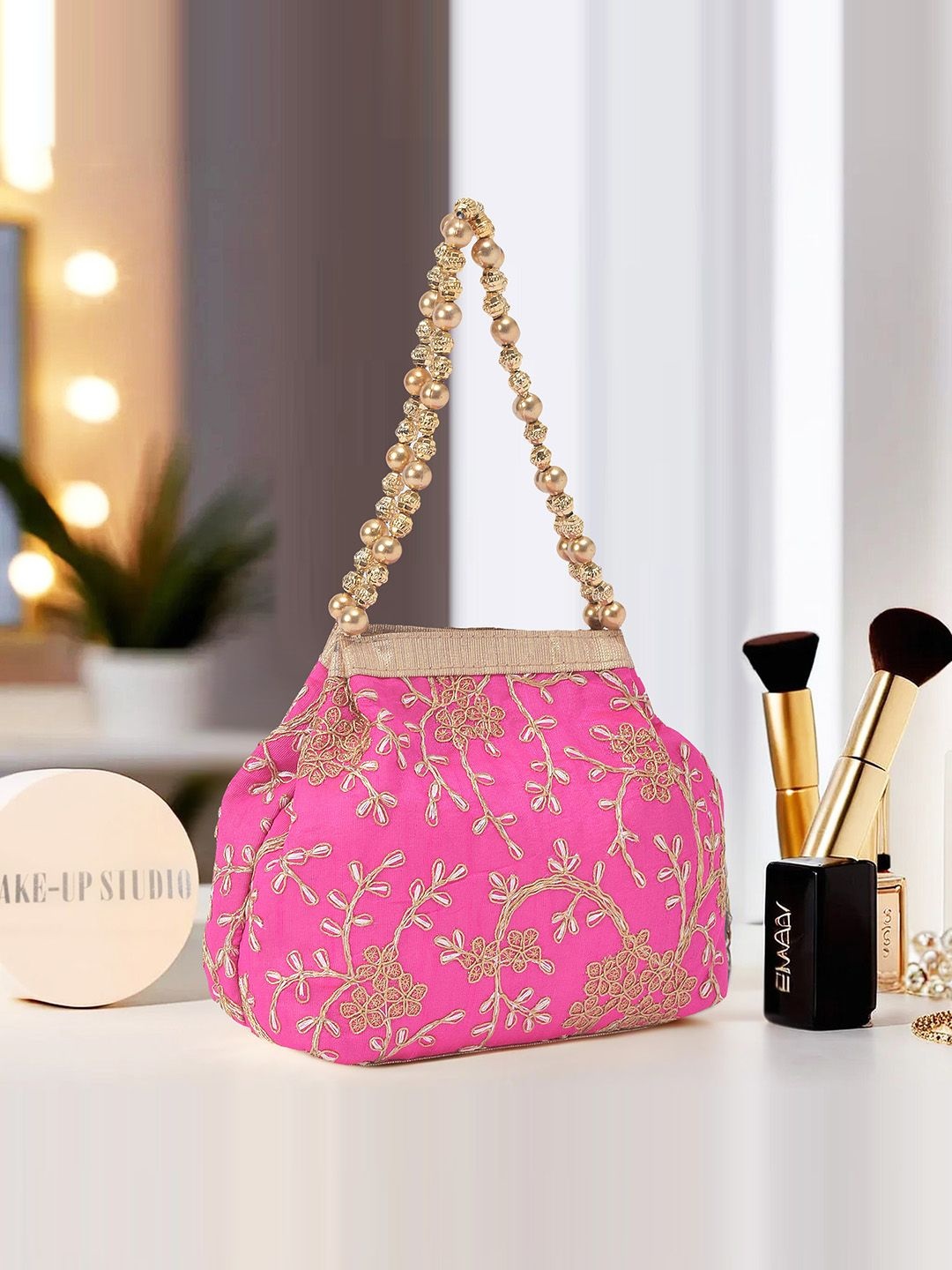 

Kuber Industries Floral Embroidered Potli Clutch, Pink