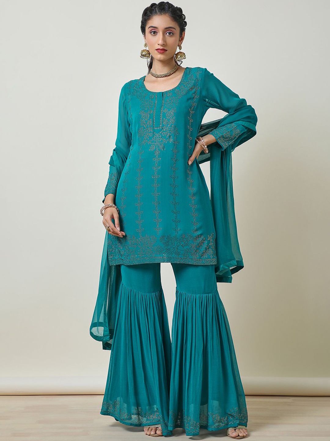 

Soch Floral Embroidered Beads and Stones Straight Kurti with Sharara & Dupatta, Teal