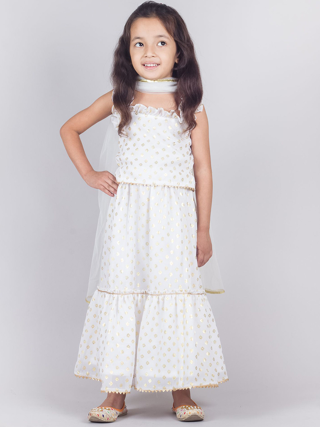 

Tangerine Closet Girls Floral Woven Design Ready to Wear Lehenga & Blouse With Dupatta, Off white