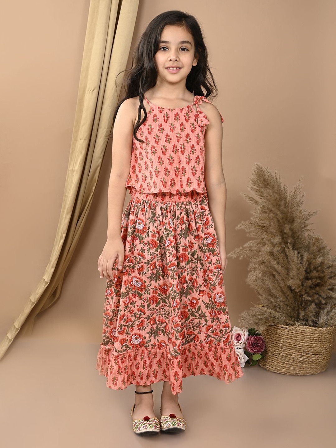 

Here&Now X Kinder Kids Girls Printed Cotton Ready to Wear Lehenga With Blouse, Peach